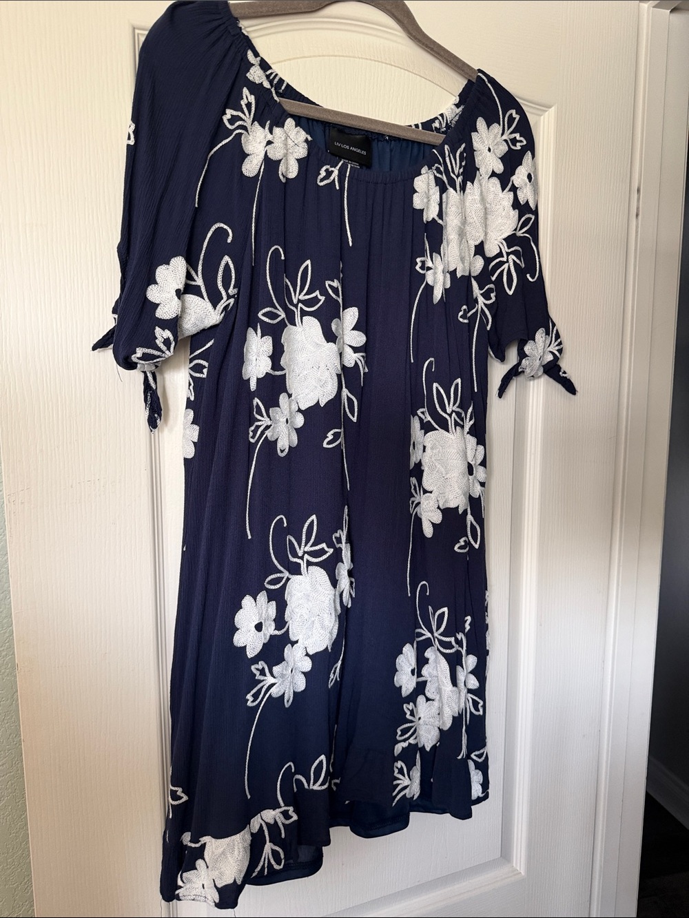LIV Los Angeles | Women's Navy Blue Floral Off-Shoulder Midi Dress